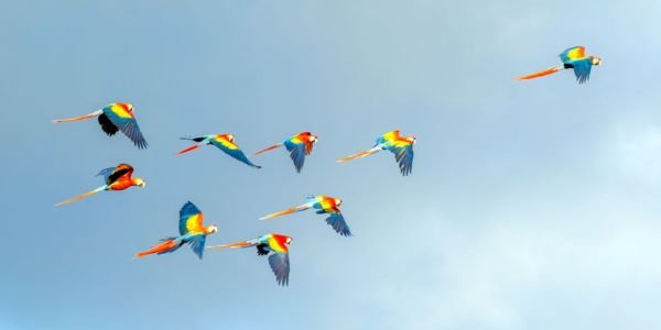 Scarlet-macaws-flying-Guatemala-lowlands. A vibrant flock of Scarlet Macaws, a resident bird of the tropical forests, soared over the lowlands during one of the Birding tours in Guatemala, a truly spectacular sight for any bird lover.