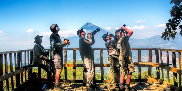 Birdwatching tour in action as birders observe the diverse birds of Guatemala in the historic city of Antigua, with the majestic Agua volcano as a backdrop.